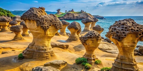 Intricate rock pillars with unique shapes and formations within Yehliu Geopark, natural sculptures, geological wonders