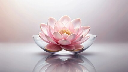 Serene Pink Water Lily Blossom in a Clear Glass Bowl on Reflective Surface