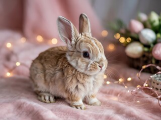 Adorable Baby Bunny Sitting on Soft Pastel Pink Fluffy Surface with Dreamy Blurred Bokeh Background in Warm Tones Perfect for Easter Celebrations Spring-Themed Designs Cute Animal Stock Photography