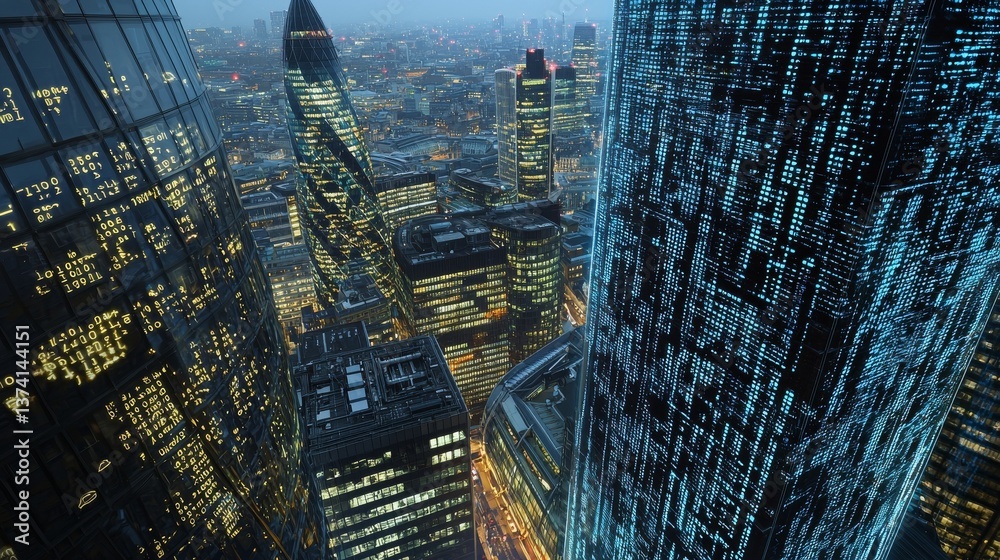 Wall mural london city skyline incorporating data and computer programming details projected onto building faca