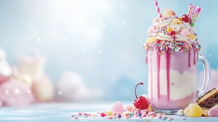 Sweet Extravaganza: A decadent milkshake, adorned with an array of colorful candies, vibrant sprinkles, fresh cherries, and a generous dollop of whipped cream.