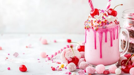 Strawberry Milkshake Delight: A whimsical close-up of an overflowing strawberry milkshake with drizzles, whipped cream, cherries, and colorful sprinkles, creating a decadent and irresistible treat.
