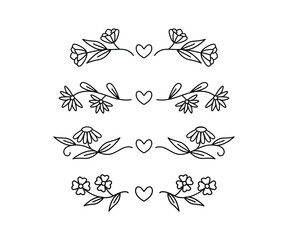Simple Floral Borders With Hearts Design Elements Black And White Color Vector 