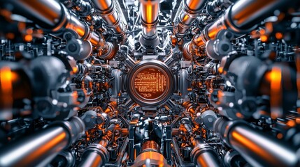 Fototapeta premium Futuristic industrial equipment consisting of pipes, gauges, and neon lighting to create a modern look