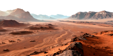 A red Martian valley with scattered hills and dry channels.