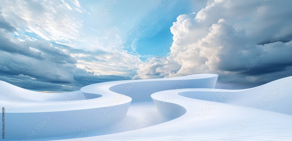Poster the image features an abstract background with a blue sky and curved white architecture, accompanied