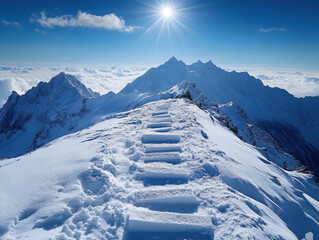 In the snow-covered mountains, there is an icy path leading to distant peaks. The sun shines brightly in the blue sky, with white clouds above the sea of clouds. A series of steps has been carved alon