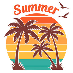 Obraz premium Stylish Summer T-Shirt: Orange, Yellow & Teal Sunset with Palm Trees on transparent background