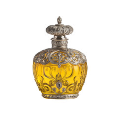 This striking yellow glass perfume bottle features ornate details, a cut-out design, and a silver top, showcasing elegant craftsmanship.