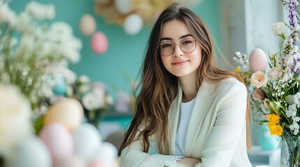 Calm female entrepreneur sitting in stillness, pastel-colored Easter eggs and floral arrangements fostering a soothing work environment