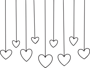 5 Black and white drawing of a string of heart-shaped ornaments hanging vertically.