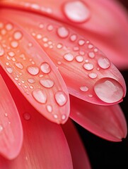 Close-up of a pink flower petal with water droplets on it. the petal is elongated and has a smooth texture. the droplets are scattered across the petal, creating a pattern of small circles.