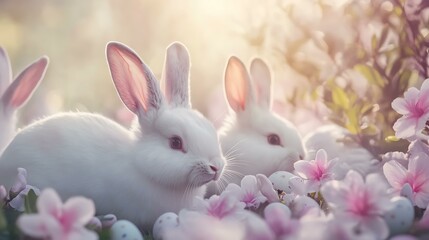 Obraz premium Focused young entrepreneur practicing mindfulness meditation, pastel Easter bunnies and spring flowers adding to the serene setting