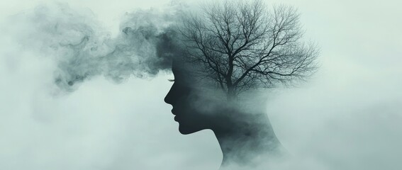 Digital artwork depicting a tree and human face merging with smoke that fades into the sky