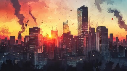 Fototapeta premium Vibrant City Skyline at Sunset with Abstract Colorful Clouds