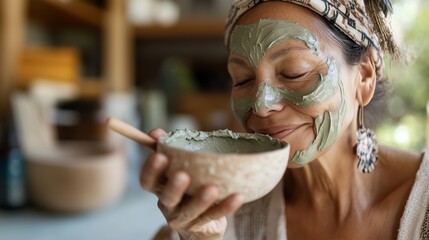 Relaxing spa day featuring a woman enjoying a clay mask while surrounded by a tranquil home environment