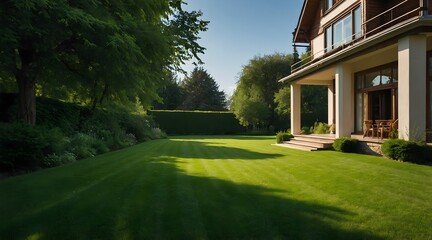 A house with a spacious and perfectly trimmed green lawn. Part of the house is visible with a terrace supported by columns and garden furniture. Trees and bushes grow around the lawn.