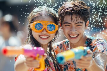 Young men and women are playing Songkran water happily, Songkran Festival