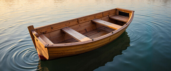 Obraz premium Serene wooden rowboat on tranquil lake at sunrise, peaceful reflection
