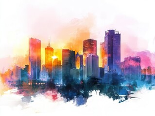 Fototapeta premium Vibrant Urban Skyline at Sunset with Colorful Abstract Background