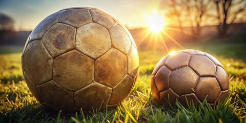 Golden Hour Footballs on Grassy Field A Close-Up View of Two Vintage Leather Soccer Balls at Sunset