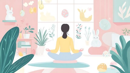 Professional woman practicing meditation in a modern office, pastel-colored Easter elements complementing the serene atmosphere