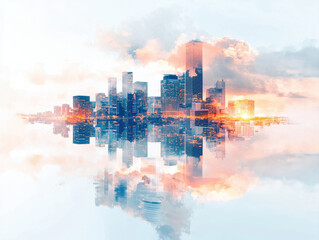 Fototapeta premium stunning city skyline reflects beautifully calm waters, showcasing modern architecture and vibrant colors during sunset, evoking sense