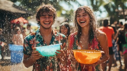Young men and women are playing Songkran water happily, Songkran Festival