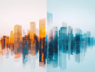 Fototapeta premium stunning cityscape showcasing blend of warm orange and cool blue tones, reflecting modern architecture and urban life. duality of colors creates