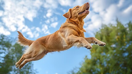 Golden Retriever Dog Leaps Joyfully Outdoors
