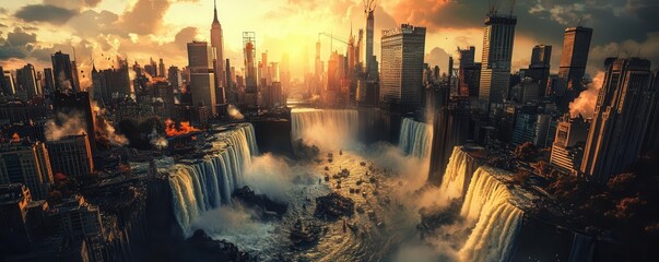 Dramatic Sunset Over Urban Landscape and Majestic Waterfalls