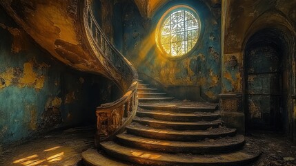 Sunlit spiral staircase in decaying mansion interior.