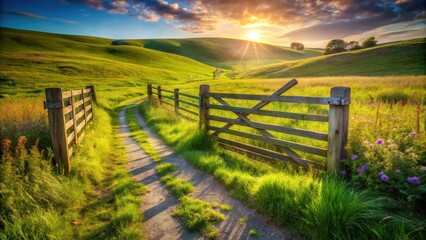 Obraz premium Serene Sunset Pathway Beside Rustic Wooden Fence in Rolling Green Meadows