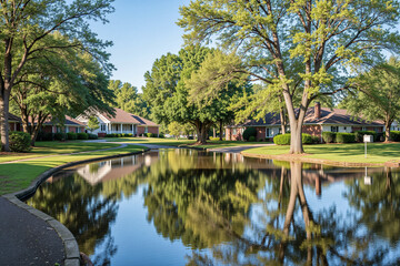 Fototapeta premium Serene suburban neighborhood reflecting in peaceful pond 