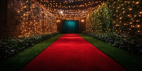 Red carpet with lights, and event entrance.