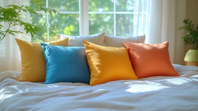 Colorful pillows arranged on a bed near a sunlit window.