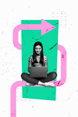 Composite sketch design artwork 3D photo collage of arrow young lady sit work laptop remote...