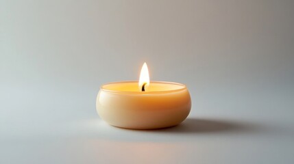 Burning yellow wax candle with flame on smooth surface and neutral background.