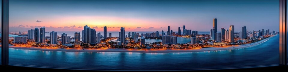 Fototapeta premium A panoramic view of a coastal city at twilight time