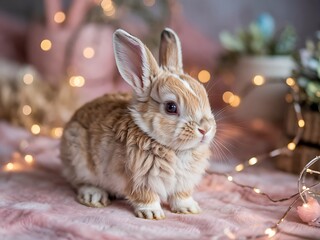 Fototapeta premium Adorable Baby Bunny Sitting on Soft Pastel Pink Fluffy Surface with Dreamy Blurred Bokeh Background in Warm Tones Perfect for Easter Celebrations Spring-Themed Designs Cute Animal Stock Photography