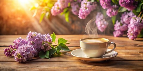 Aromatic Coffee Beside a Bouquet of Lilac Blossoms on a Rustic Wooden Table in Sunlight