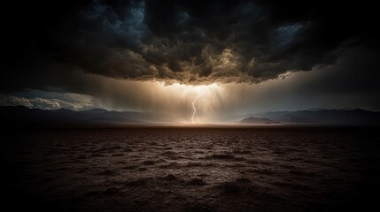Lightning striking a vast, dark desert landscape under a stormy sky.