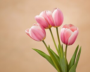Trio of soft pink tulips on neutral green background in natural daylight expressing blooming simplicity romance and spring purity in floral macro composition stock photo