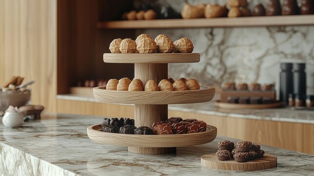 A three tiered wooden stand displays assorted chocolate confections attractively