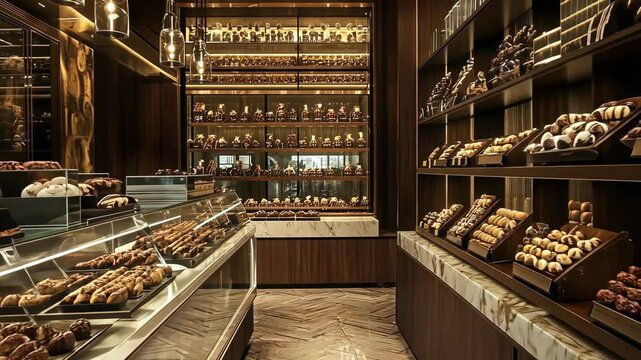 A gourmet chocolate shop with truffles and artisanal confections on display digital