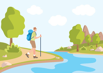 spring outdoor activties trekking background hiker walk along a trail beside a river, surrounded by lush green forests under a blue sky.