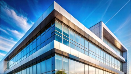 Obraz premium Modern Architectural Design Sleek Metal Facade and Expansive Glass Windows Reflecting a Vivid Sky