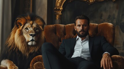 Man in Suit with Lion in Luxurious Room