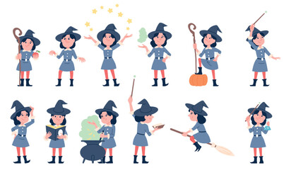 Cartoon little witch. Cute witch fly on broom, learning making magic and poison. Girl in hat reading book, training witchcraft, halloween recent vector character