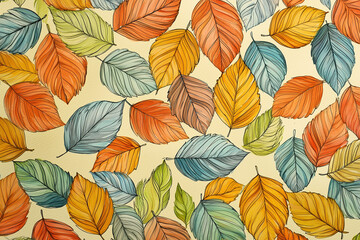 Colorful autumn leaves create vibrant hand drawn illustration pattern, showcasing shades of orange, yellow, green, and blue, perfect for seasonal decor or design projects